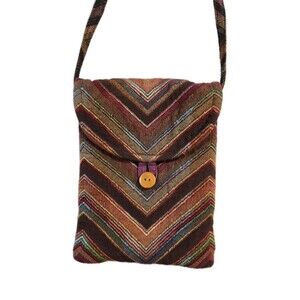 Retro-Style Chevron Crossbody Bag Warm Earth Tones Button Woven Boho Hippie